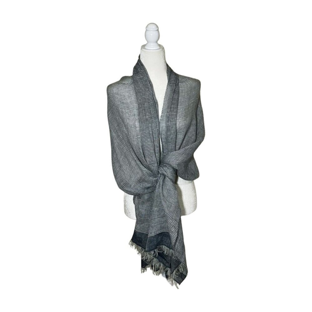 NWT SASSO + SMYTH Linen Blend Fringe Scarf Navy White Made in Italy - Picture 7 of 10